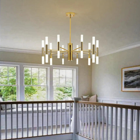 Lit Modern 20 Light LED Sputnik Chandelier With Acrylic White Shades Gold Finish Mid Century Pendant Light in dining area