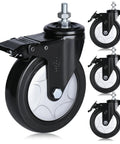 Rock Solid Five Inch Polyurethane Swivel Caster Wheels Set Of Four With M10 Threaded Stem, close-up of single black wheel with silver interior.