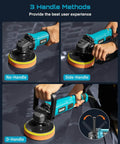 Powerful 1600W Rotary Buffer Polisher with Copper Motor, 7 inch and 6 inch heads shown with three handle options in use.