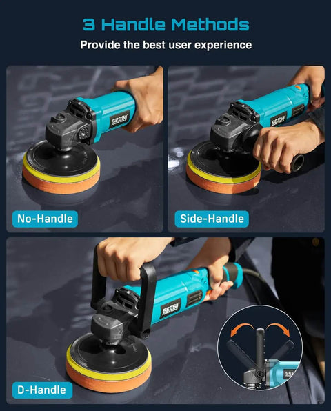 Powerful 1600W Rotary Buffer Polisher with Copper Motor, 7 inch and 6 inch heads shown with three handle options in use.