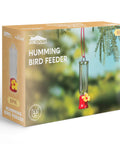 Set Of 6 Mini Hummingbird Feeders With Hanging Wires box packaging, showing transparent feeder with flower sipping outlet.