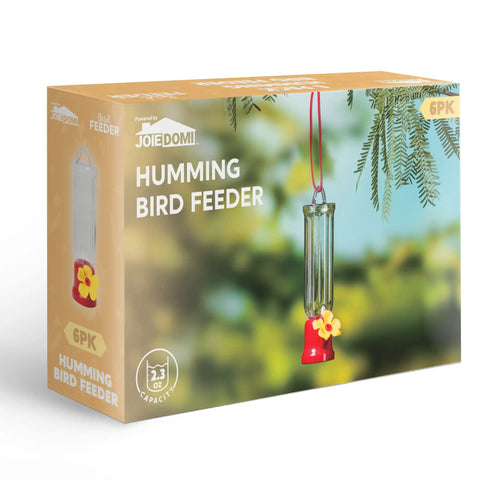 Set Of 6 Mini Hummingbird Feeders With Hanging Wires box packaging, showing transparent feeder with flower sipping outlet.