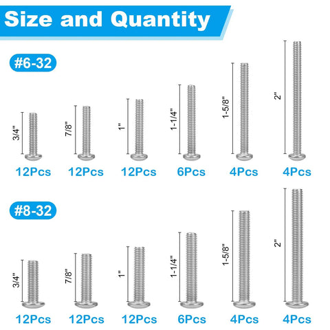 Machine Screws Kit In Stainless Steel, 100 Pieces, Sizes 6-32 And 8-32, Phillips Pan Head, with various length measurements