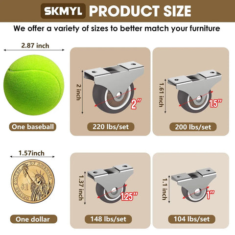 Smooth As Butter Low Profile Mini Caster Wheels 1.25 Inch size comparison with tennis ball, dollar, and feature dimensions.