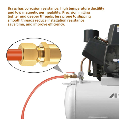 Brass compression straight coupling connector, 1/4 in tube OD to 1/4 in NPT female, shown on air compressor line