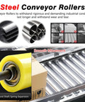 Top Shelf Polyurethane Conveyor Rollers 6 Pack Rock Solid Workhorse 1.4 Inch Dia close-up view of yellow roller with steel shaft.