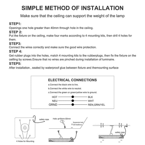 Installation guide for 150W LED Canopy Light, 20250 LM, 5000K Daylight White with electrical connection instructions and diagrams.
