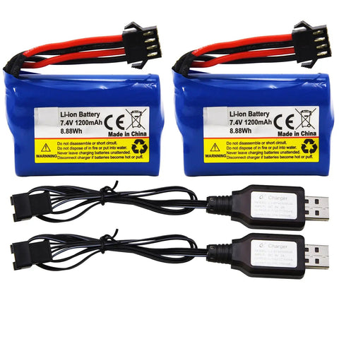 2 Pack 7.4V 1200mAh Li-ion RC Boat Battery With SM 4P Connector And USB Cable Replacement For HJ808 HJ823 2.4GHz Remote Boats