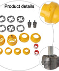 Heavy Duty Pvc Pipe Threader Kit With Electric Drill Opener For Double-Ended 4 And 6 Point Pipes, yellow and metal dies and fittings.