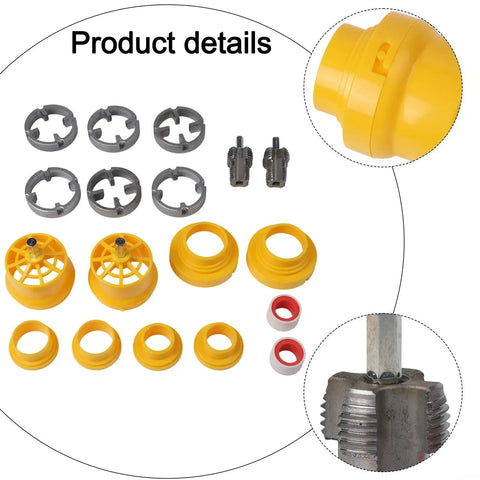 Heavy Duty Pvc Pipe Threader Kit With Electric Drill Opener For Double-Ended 4 And 6 Point Pipes, yellow and metal dies and fittings.