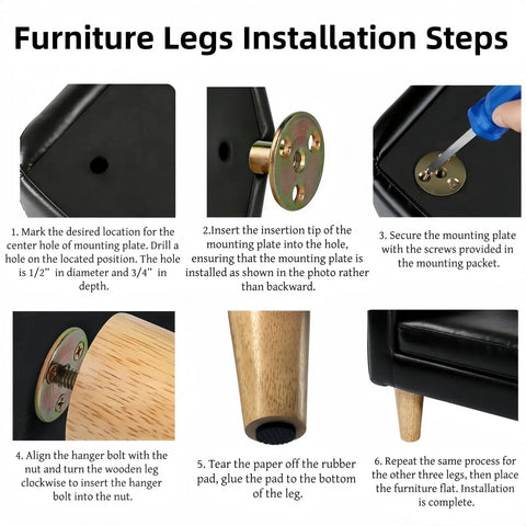 Installation steps for Four Inch Solid Rubber Wood Replacement Furniture Legs Set For Sofa Couch Chair Ottoman Loveseat.