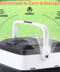 28 Quart Portable Mini Fridge And Electric Cooler Warmer For Car With 12V Dc Plug And Auto Locking Handle showing locking handle.
