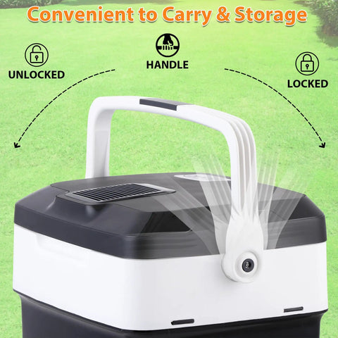 28 Quart Portable Mini Fridge And Electric Cooler Warmer For Car With 12V Dc Plug And Auto Locking Handle showing locking handle.