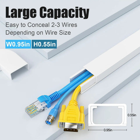 113 Inch Cord Hider for Wall Wires, showing white cover with multiple cables inside for clean setup, labeled dimensions