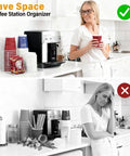 Clear Acrylic Coffee Cup Holder For Countertop With Three Compartments For Cups Lids Straws Pods Sugar Packets And Tea Bags A Handy Coffee Bar Organizer For Kitchen Counters shown tidying a coffee station.