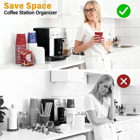 Clear Acrylic Coffee Cup Holder For Countertop With Three Compartments For Cups Lids Straws Pods Sugar Packets And Tea Bags A Handy Coffee Bar Organizer For Kitchen Counters shown tidying a coffee station.