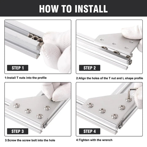 Step-by-step installation of 2020 Series Aluminum Corner Bracket Kit with L and T shape joint plates for 20x20mm extrusion.