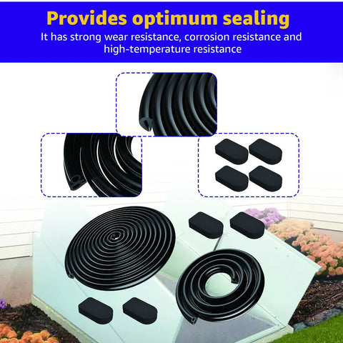 Bilco basement door weatherstrip kit components: black rubber U-gasket, bulb gasket, four cap seals.