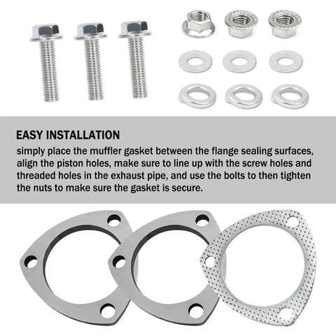 Premium Stainless Steel 3 Inch Exhaust Flange Gasket Repair Kit With Heavy Duty Bolts includes flanges, bolts, and washers for easy installation.
