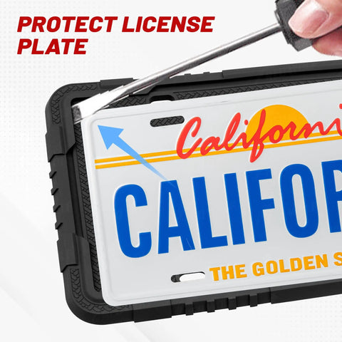 Silicone License Plate Frame With Anti Theft Screw Kit No Obstruction Anti Rattle Rust Proof Street Legal Universal Fit 6x12 Inch Plates For Pickup SUV RV Stainless M6 Screws showing installation on a California license plate.