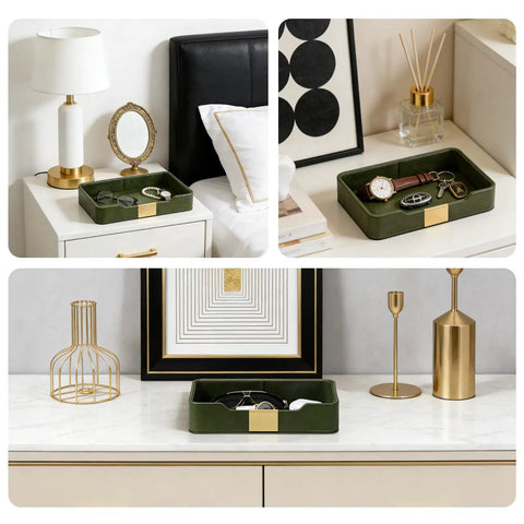 Green Luxury Leather Jewelry Tray Organizer For Desk And Nightstand Keeps Your Bling, Watch, Keys, Phone, And Wallet In Place Nordic Minimalist Modern Leather Tray For Entryway Decor And Desktop Display