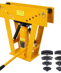 Beefy 16 Ton Manual Hydraulic Pipe Bender Kit with 8 Dies, adjustable rollers, and ratcheting mechanism for steel tubing bends.