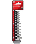 Stubby Low Profile Torx Plus Socket Set, 12-Piece, Dual Drive Internal Square and External Hex, S2 Steel packaging displayed vertically