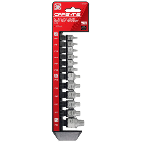 Stubby Low Profile Torx Plus Socket Set, 12-Piece, Dual Drive Internal Square and External Hex, S2 Steel packaging displayed vertically