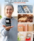 Woman holding Dead Simple Wireless Bluetooth Label Printer With Tape Slick Portable Unit generating labels for various uses.