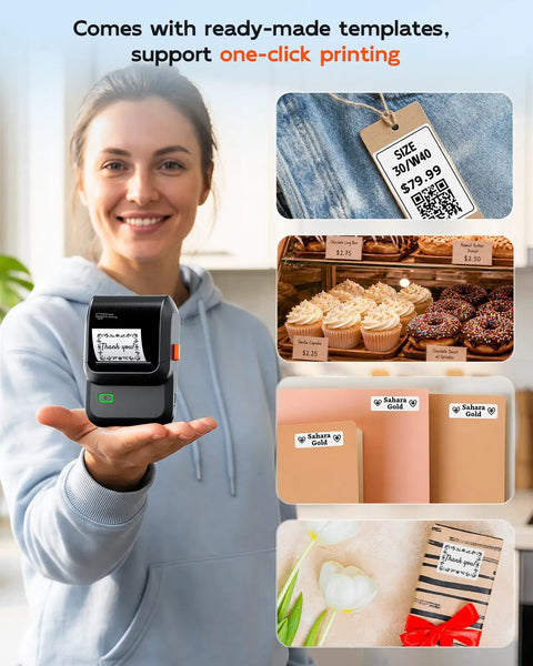 Woman holding Dead Simple Wireless Bluetooth Label Printer With Tape Slick Portable Unit generating labels for various uses.