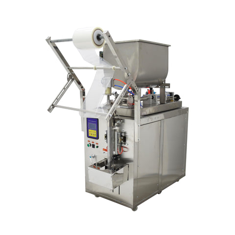 Automatic Paste And Liquid Filling Sealing Machine With Horizontal Mixing Hopper For Chili Sauce And Juice 30 To 300 Ml Bottle Filler side view with stainless steel hopper