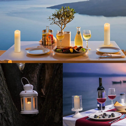 Lit 12 Pack Flameless LED Candles Battery Operated Waterproof Pillars on dining table and tree lantern at beach.