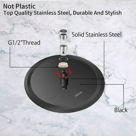 Matte Black 16 Inch Round Stainless Steel Rain Shower Head With High Pressure Flow 304 Stainless Construction view from above