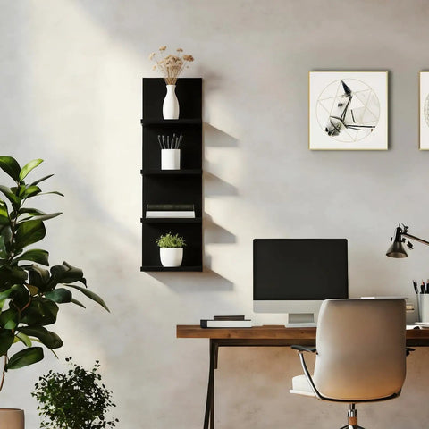 Upgrade Your Walls No Fuss Needed, Four Tier Black Corner Shelves For Room And Kitchen Decor, Vertical Floating Display Rack For Makeup Perfume And Plants, Solid Floor Space Savior With Sleek Finish