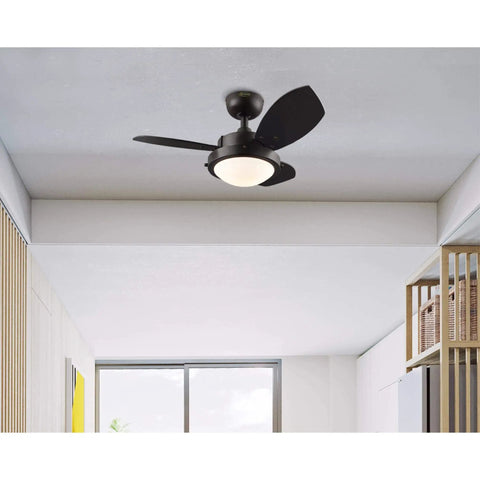 Wengue 30 Inch Indoor Ceiling Fan With Light, Espresso Finish, in a modern small room setting
