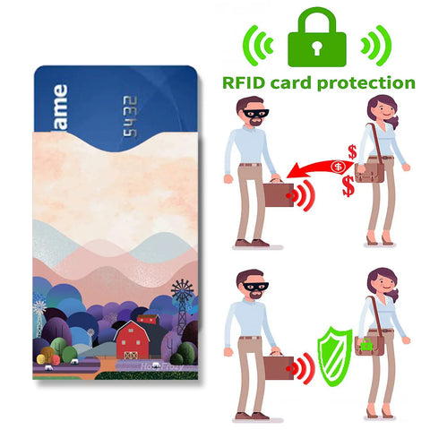 8 RFID Blocking Sleeves With Purple Designs highlighting card protection and anti-theft graphics, card displayed half-inserted.