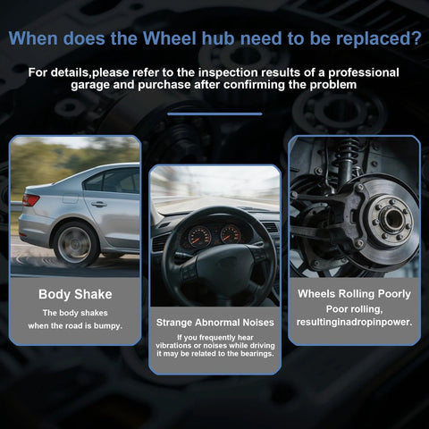 Symptoms of faulty wheel hub: body shake in the car, abnormal noises, wheels rolling poorly due to front wheel hub issues.