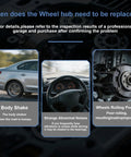Image showing indicators for front wheel bearing hub replacement including body shake, abnormal noises, and poor wheel rolling.