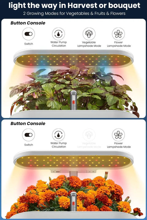 12 Pod Hydroponics Indoor Garden System With LED Grow Light showing growing modes for vegetables and flowers