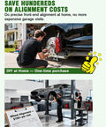 DIY wheel alignment at home with car elevated, using a Wheel Toe Alignment Tool Kit For Home Garage DIY Use With Stainless Steel Toe Plates And Dual Tape Measures Quick Front End Toe Check For Cars Trucks SUVs Patent Design.