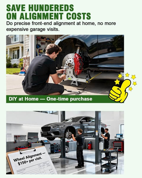 DIY wheel alignment at home with car elevated, using a Wheel Toe Alignment Tool Kit For Home Garage DIY Use With Stainless Steel Toe Plates And Dual Tape Measures Quick Front End Toe Check For Cars Trucks SUVs Patent Design.