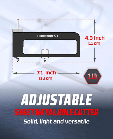 BRUNNWEST adjustable sheet metal hole cutter with four extra bits, front view, 7.1 in wide by 4.3 in tall
