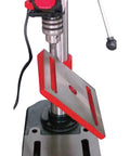 Close-up of the Benchtop Drill Press With Five Speed And Eight Inch Swing Half Inch Chuck Two Inch Vertical Stroke Depth Lock.