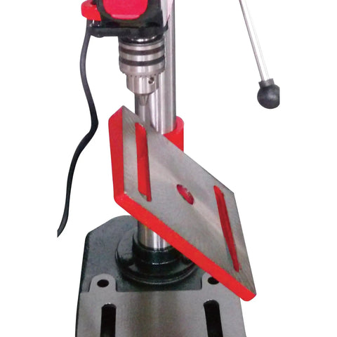 Close-up of the Benchtop Drill Press With Five Speed And Eight Inch Swing Half Inch Chuck Two Inch Vertical Stroke Depth Lock.