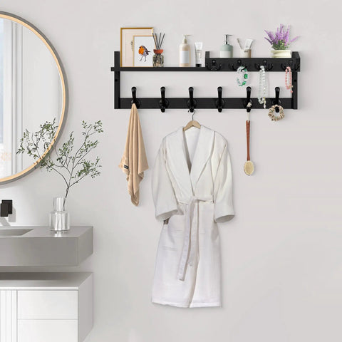 Sturdy Dope 4 In 1 Wood Coat Rack Wall Mount With Shelf 27.5 Inch, shown with robe, towel, and decorative items in bathroom
