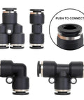Hromee air line push-to-connect fittings kit, 1/4 in PU tubing; four black connectors with metal rings (elbows and T).