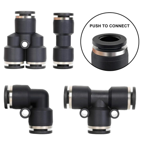Hromee air line push-to-connect fittings kit, 1/4 in PU tubing; four black connectors with metal rings (elbows and T).
