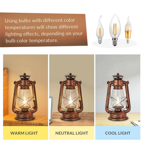 Rustic Lantern Table Lamp Plug In Old Fashioned Night Light for Bedroom and Living Room with warm, neutral, and cool light settings