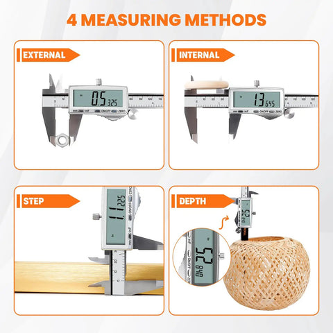 Rechargeable Digital Caliper With Large LCD Screen, Stainless Steel Measuring Tool showing external, internal, step, depth modes