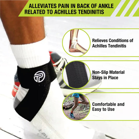Achilles Tendon Support Brace For Tendonitis Relief With Targeted Compression Pad, shown in use, highlighting features.